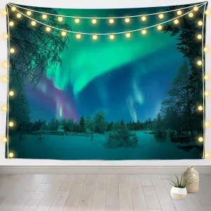 Loccor Aurora Borealis Tapestry Winter Polar Scenery Green Northern Lights Wall Hanging Snowy Forest Tapestry Pine Forest North Lights Wall Hanging for Home Bedroom Living Room Decor 70''x47''