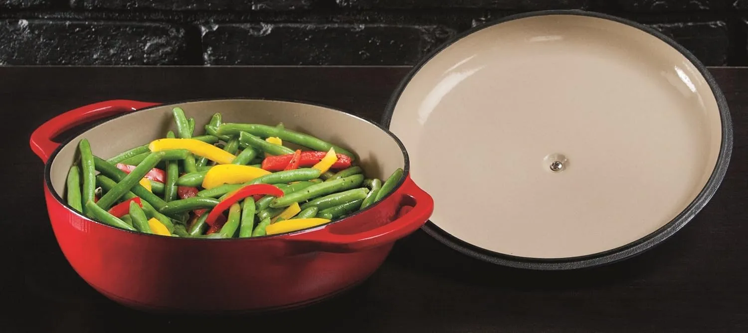 Lodge 3 Quart Enameled Cast Iron Dutch Oven with Lid – Dual Handles – Oven Safe up to 500° F or on Stovetop - Use to Marinate, Cook, Bake, Refrigerate and Serve – Island Spice Red