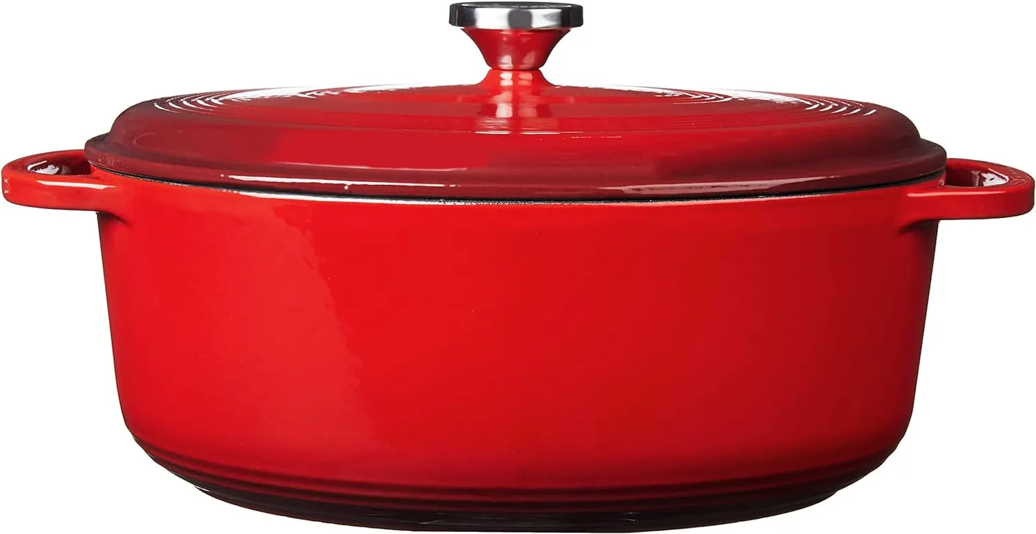 Lodge 7 Quart Enameled Cast Iron Oval Dutch Oven with Lid – Dual Handles – Oven Safe up to 500° F or on Stovetop - Use to Marinate, Cook, Bake, Refrigerate and Serve – Red