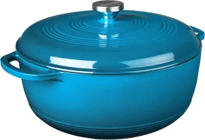 Lodge 7.5 Quart Enameled Cast Iron Dutch Oven with Lid – Dual Handles – Oven Safe up to 500° F or on Stovetop - Use to Marinate, Cook, Bake, Refrigerate and Serve – Blue