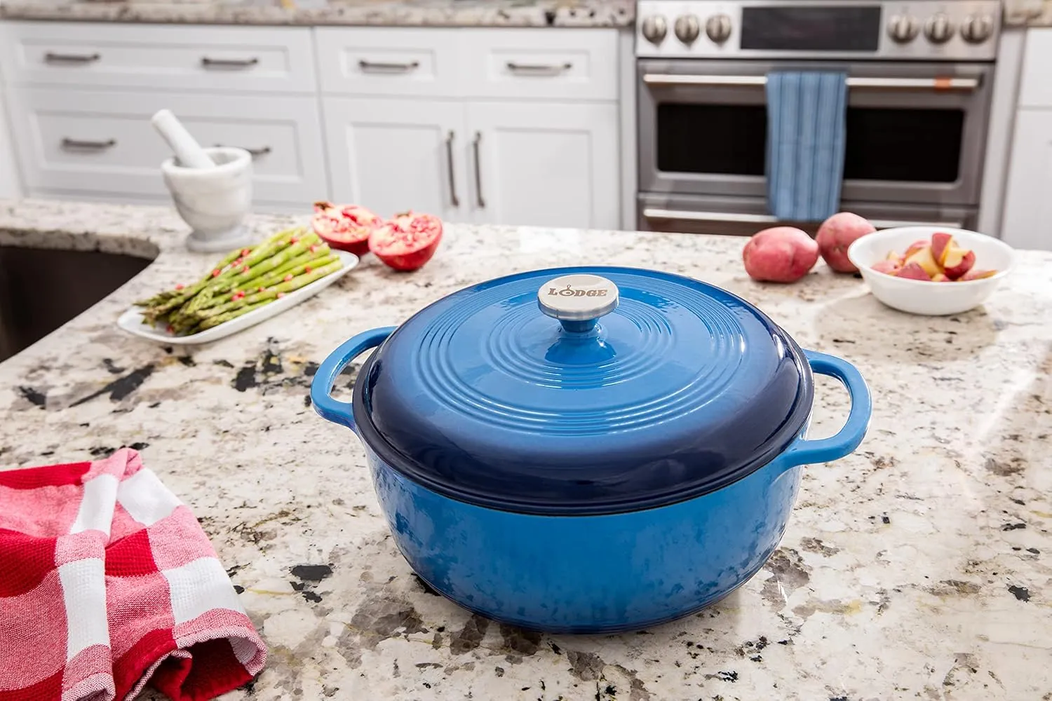 Lodge 7.5 Quart Enameled Cast Iron Dutch Oven with Lid – Dual Handles – Oven Safe up to 500° F or on Stovetop - Use to Marinate, Cook, Bake, Refrigerate and Serve – Caribbean Blue