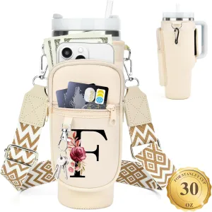 LOKASS Water Bottle Holder with Strap for Stanley Cup 30 oz Tumbler with Handle, Personalized Initial Gift, Water Bottle Carrier Bag with Phone Pocket & Carabiner for Stanley Cup Accessories