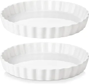LOVECASA Porcelain Pie Pan Quiche Baking Dish,10 Inch Non-Stick Round Pie Dish Quiche Pan,Tart Pan with Ruffled Edge,Pie Plate for Apple, Quiche, Pot Pies, Tart,Set of 2, White