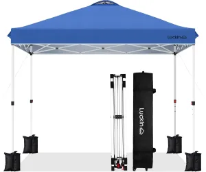 LuckIn 10x10 Heavy Duty Pop Up Canopy Tent - One-Person Setup Commercial Canopy with Wheeled Bag, 150D Silver UV Protection, 120lbs Weight Capacity (Blue)