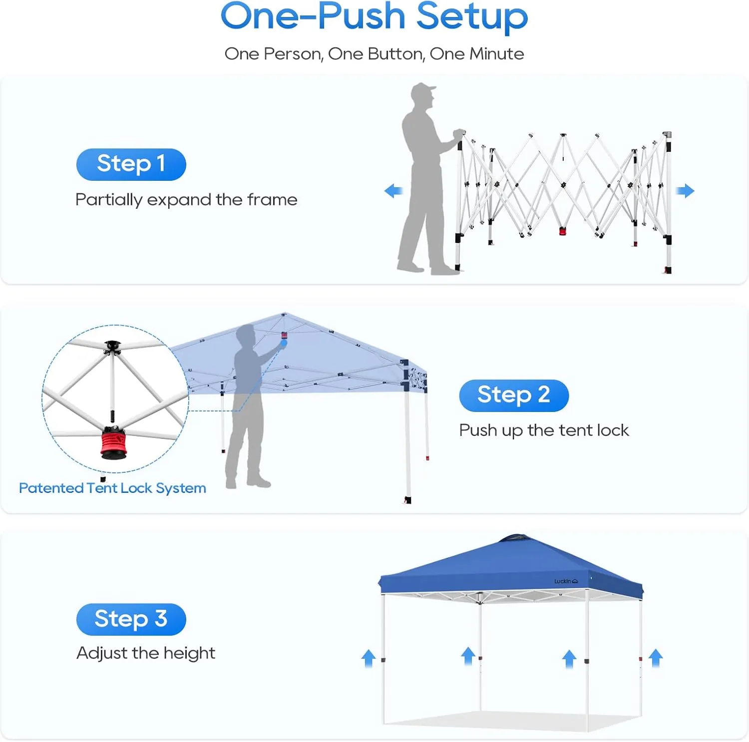 LuckIn 10x10 Heavy Duty Pop Up Canopy Tent - One-Person Setup Commercial Canopy with Wheeled Bag, 150D Silver UV Protection, 120lbs Weight Capacity (Blue)