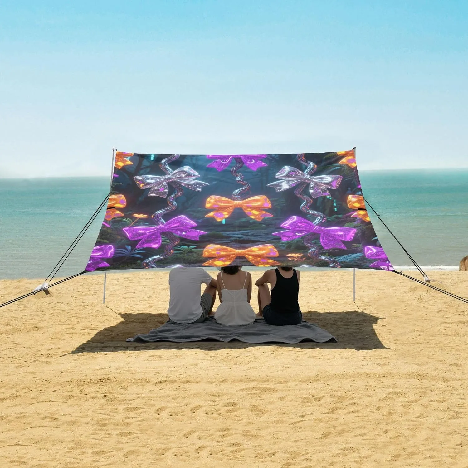Luminous 3D Shiny Bows Beach Canopy Tent Anti-UV & Wind Resistant, Camping Sun Shelter Easy Setup Portable,Outdoor Shade Tents with Sandbags,Sand Shovels,Ground Pegs & Stability Poles