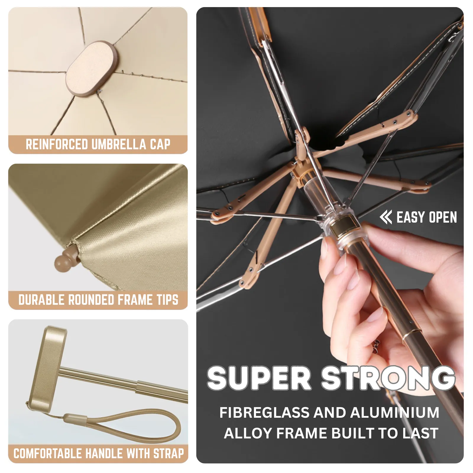 Luxe Gold Pocket Mini Umbrella 6-Rib Golden Frame UPF50 