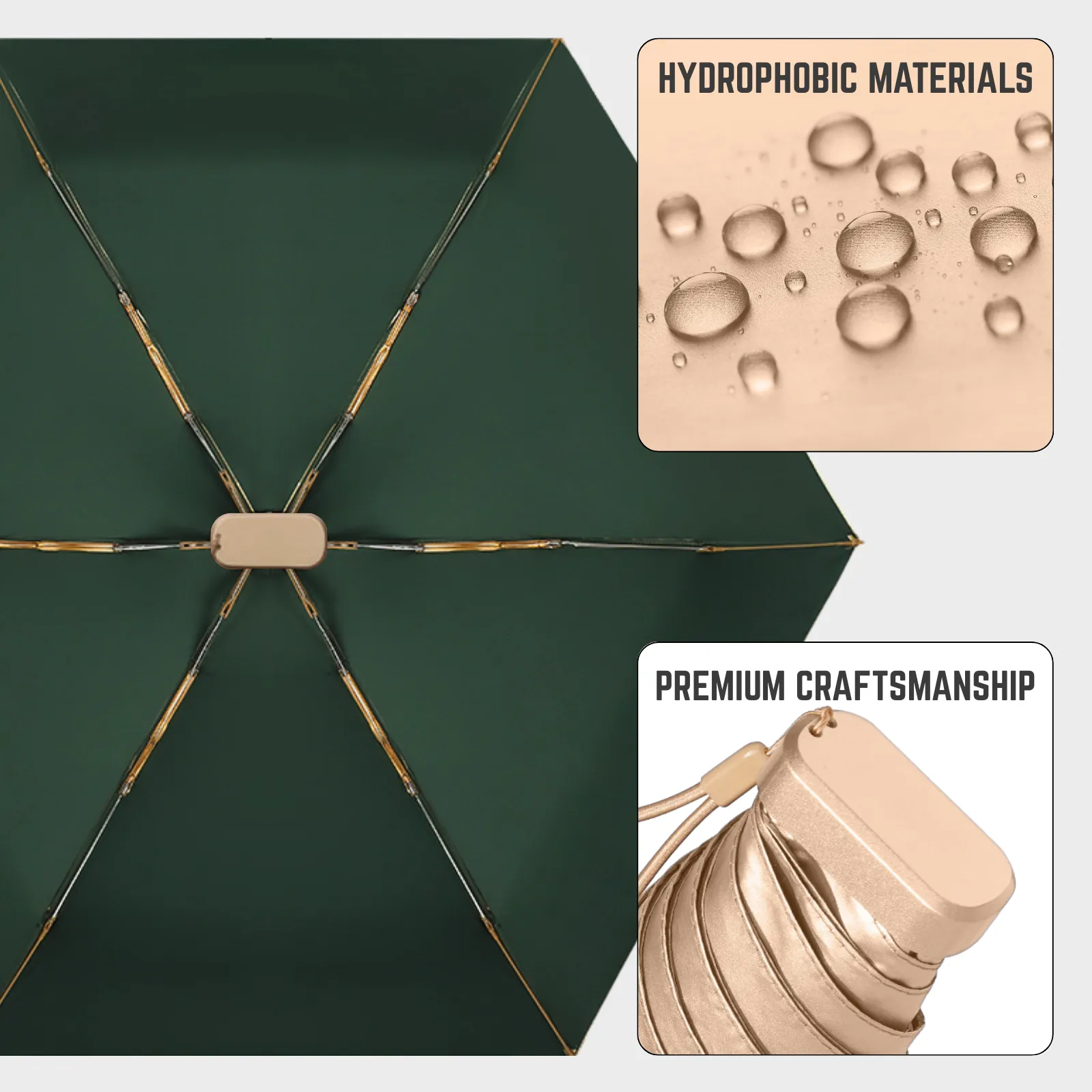 Luxe Gold Pocket Mini Umbrella 6-Rib Golden Frame UPF50 