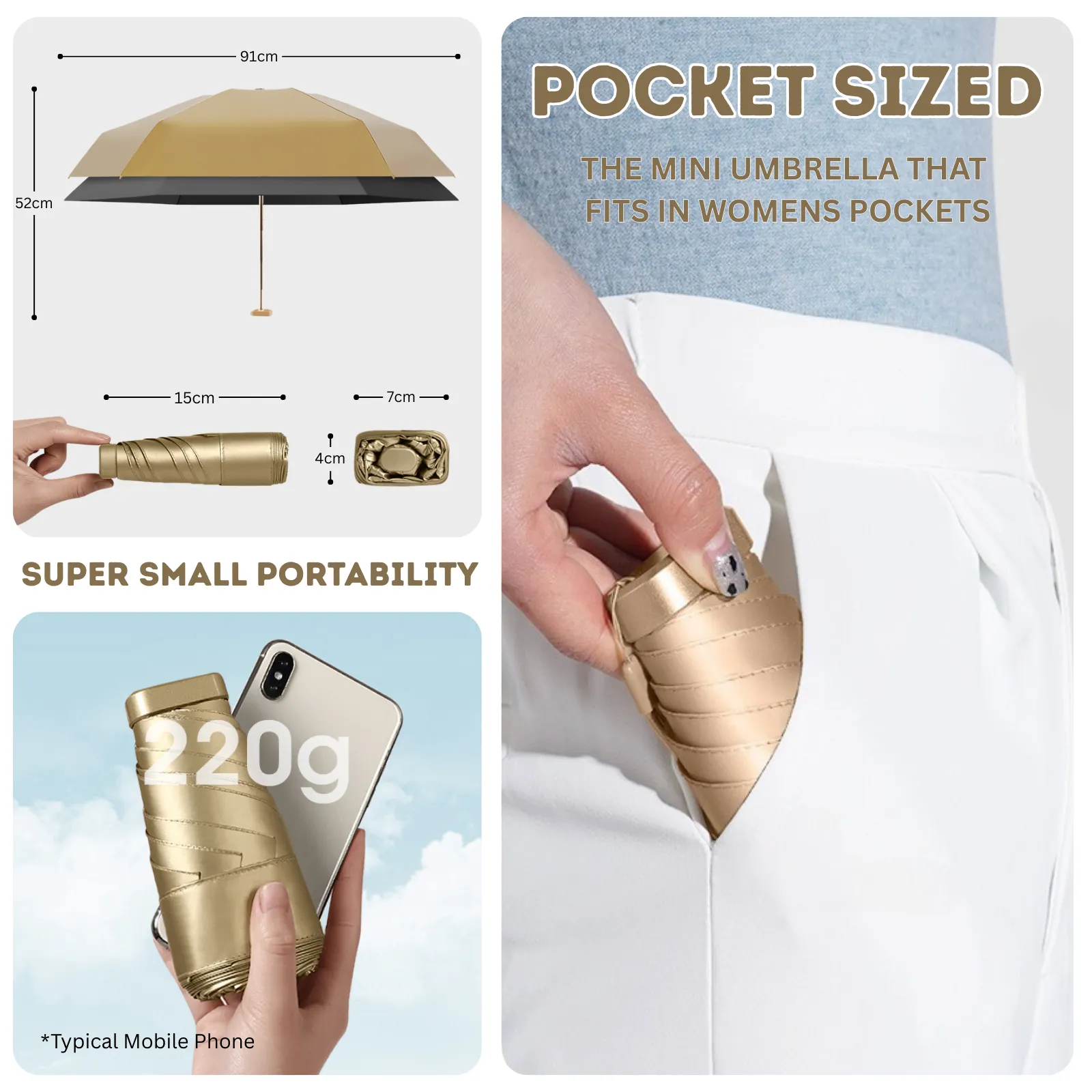 Luxe Gold Pocket Mini Umbrella 6-Rib Golden Frame UPF50 