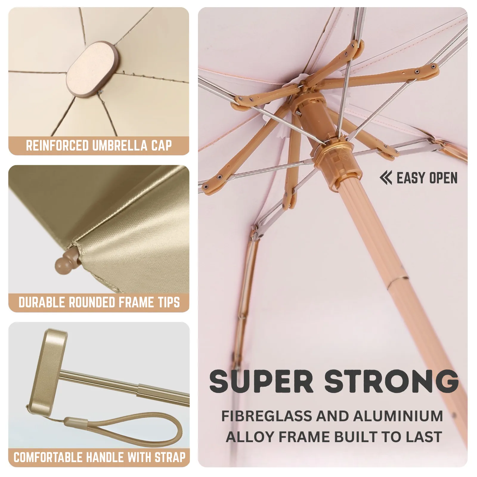 Luxe Gold Pocket Mini Umbrella 6-Rib Golden Frame UPF50 