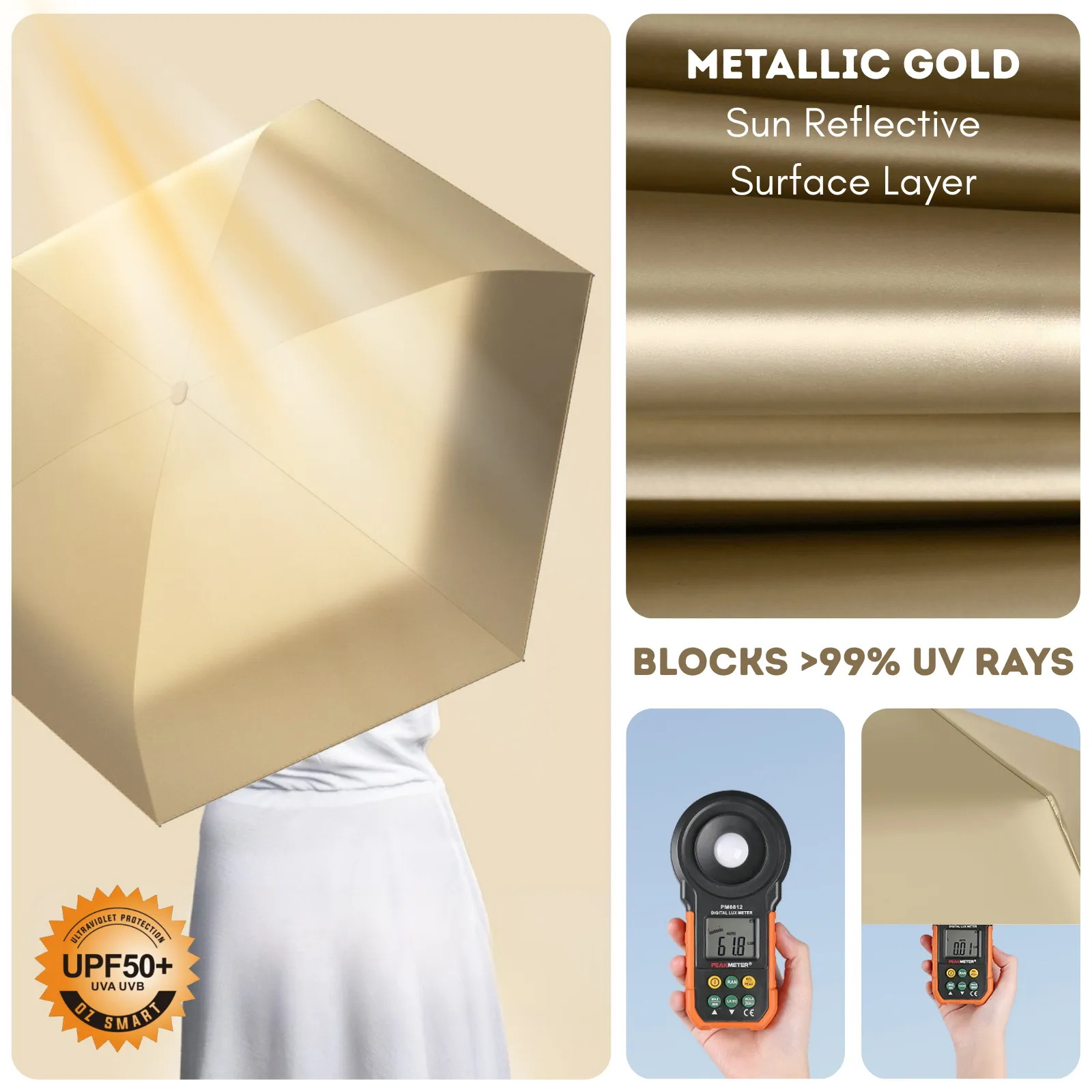 Luxe Gold Pocket Mini Umbrella 6-Rib Golden Frame UPF50 