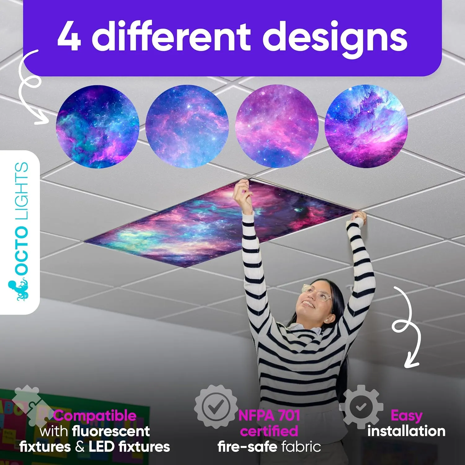 Magnetic Fluorescent Light Covers For Ceiling Lights - Astronomy Cover For Fluorescent & LED Fixture - Must Haves For Teacher Supplies - Classroom, Home, Office Decor - Shield Overhead Lighting
