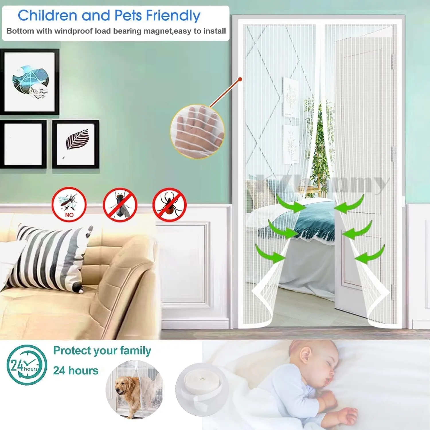 Magnetic Screen Door, Automatic Closure - Easy Install, Convenient Entry for Outer, Balcony, Bedroom Doors - White, Fit 72 x 96 Inch