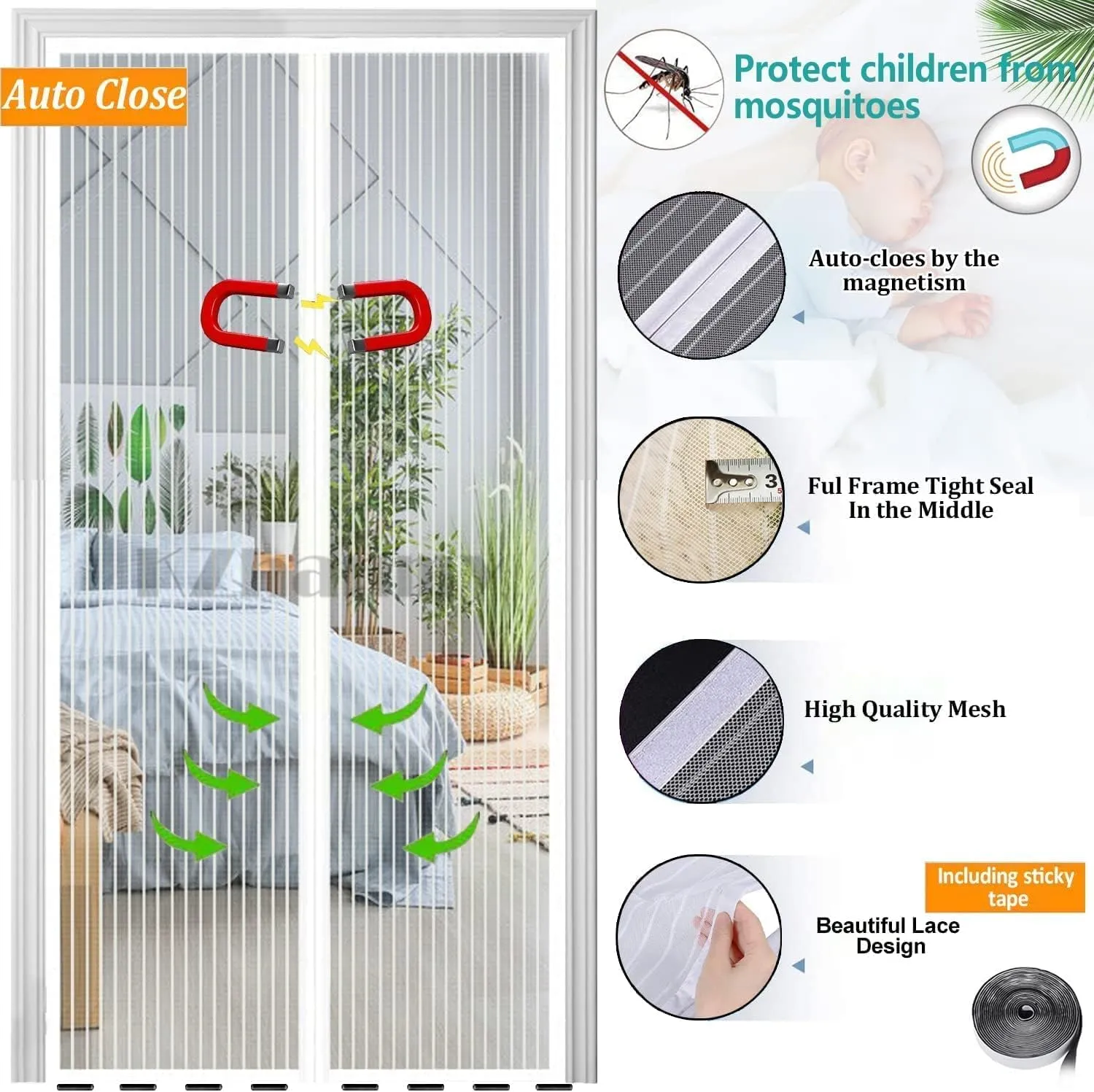Magnetic Screen Door, Automatic Closure - Easy Install, Convenient Entry for Outer, Balcony, Bedroom Doors - White, Fit 72 x 96 Inch