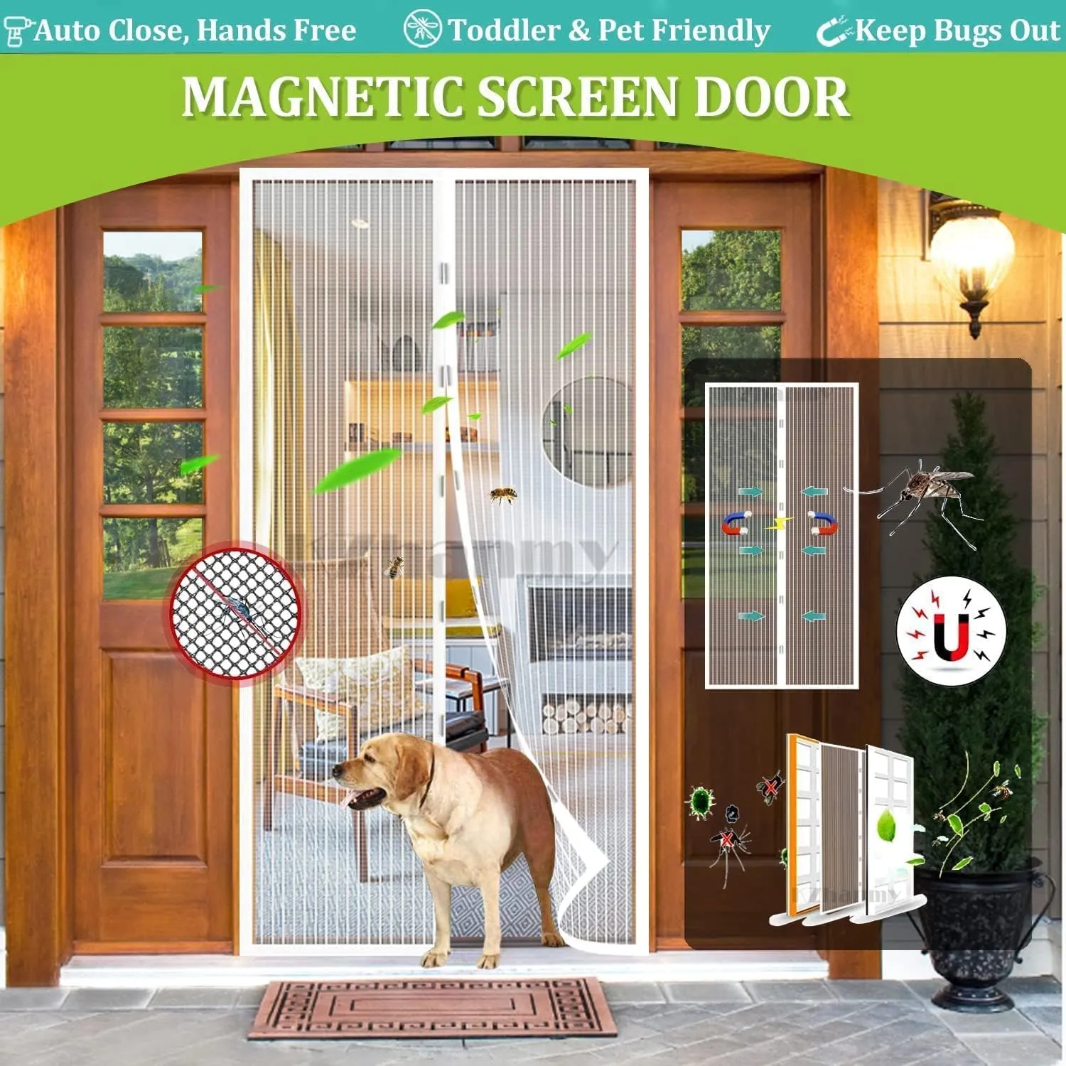 Magnetic Screen Door, Automatic Closure - Easy Install, Convenient Entry for Outer, Balcony, Bedroom Doors - White, Fit 72 x 96 Inch