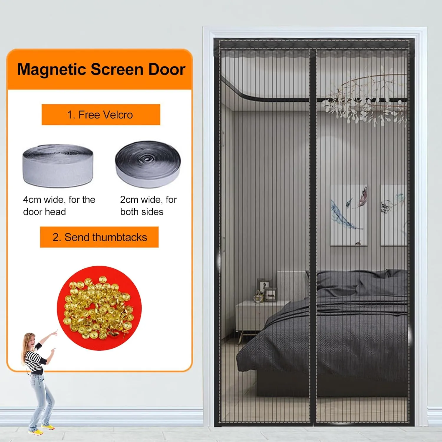 Magnetic Screen Door Self Sealing Hands Free Mesh Partition Adjustable Magnetic Screen Door Mesh 4CM Adhesive Strips 1mm Bug Proof Ventilation