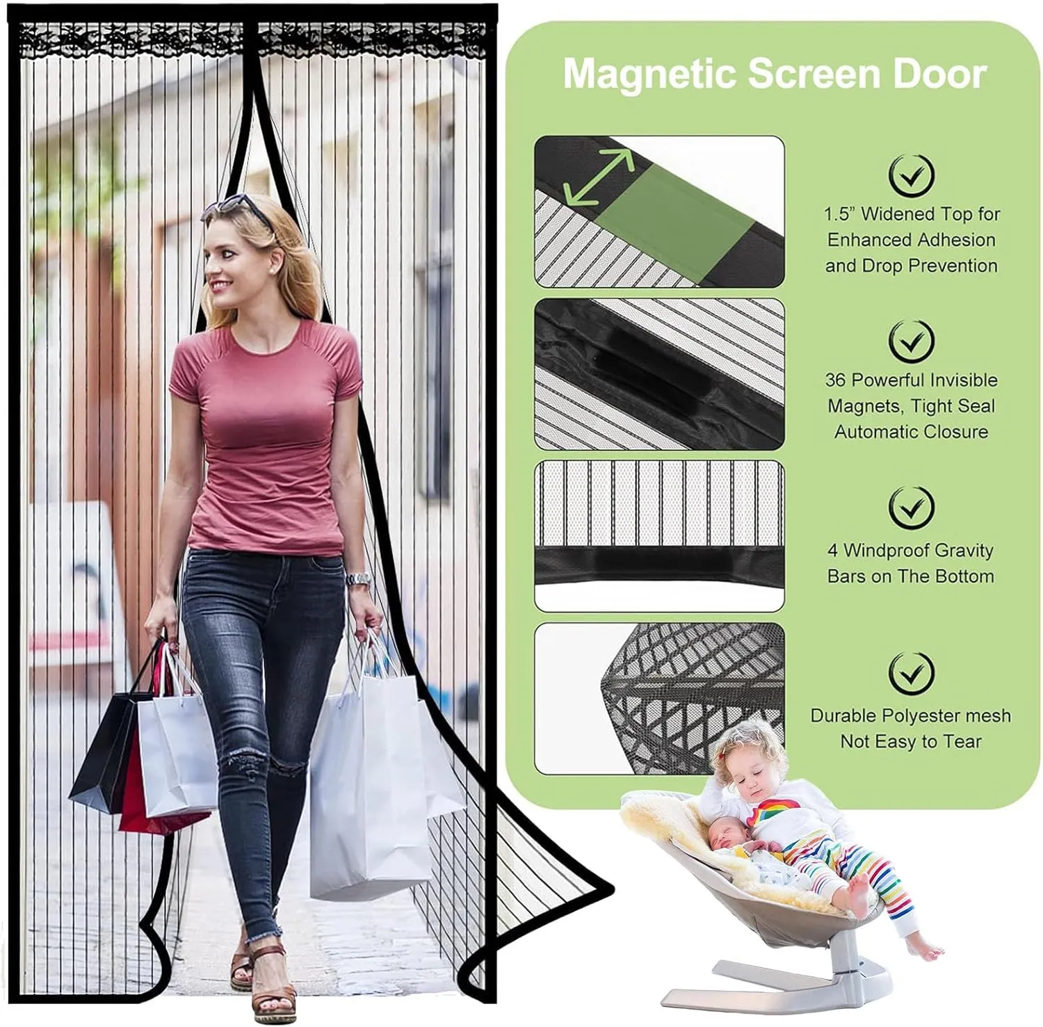Magnetic Screen Door Self Sealing Hands Free Mesh Partition Adjustable Magnetic Screen Door Mesh 4CM Adhesive Strips 1mm Bug Proof Ventilation