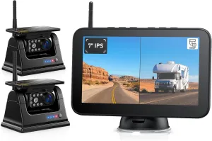 Magnetic Solar Wireless Backup Camera HD 1080P 7" DVR Monitor, Dual RV Cameras Wireless System for Hitch Towing Travel RV Camper 5th Wheel, Built-in 9600mAh Battery & Solar Panel, BD702