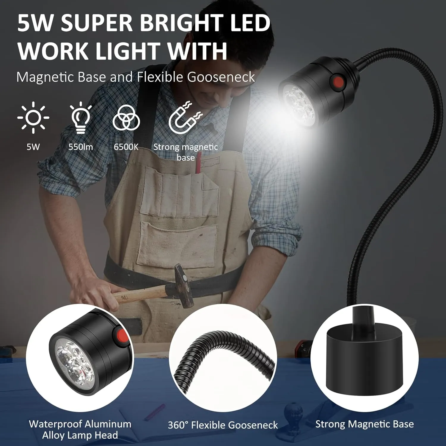 Magnetic Work Light, LED Machine Light with Flexible Gooseneck and Magnetic Base, Shop Tool Lamp for Lathe, Work Bench, Sewing Machine, Grill, Industrial Lighting Black