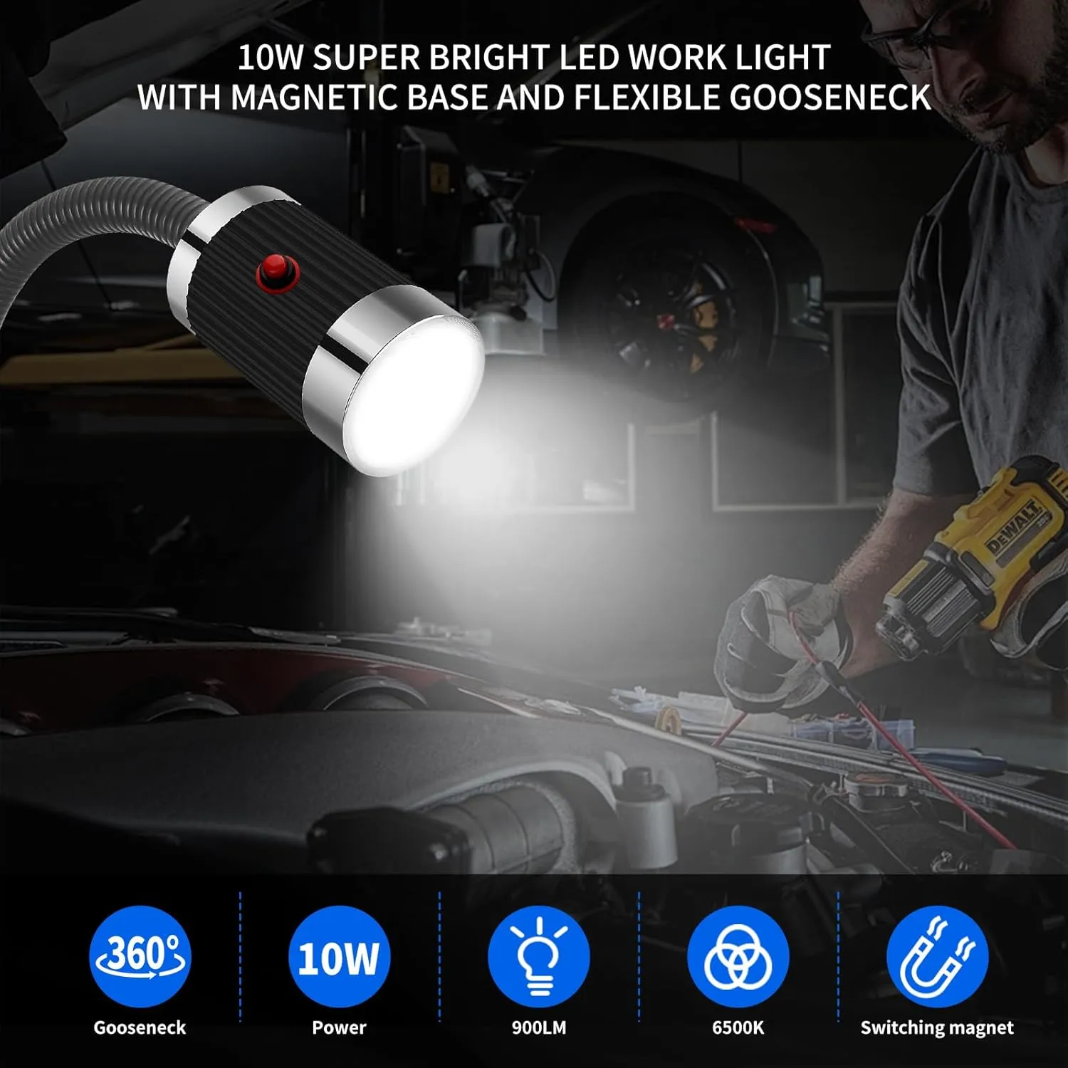 Magnetic Work Light, LED Work Light with Flexible Gooseneck and Magnetic Base, Shop Tool Lamp for Lathe, Work Bench, Sewing Machine,Grill,Industrial Lighting,10W,900Lumens,Black
