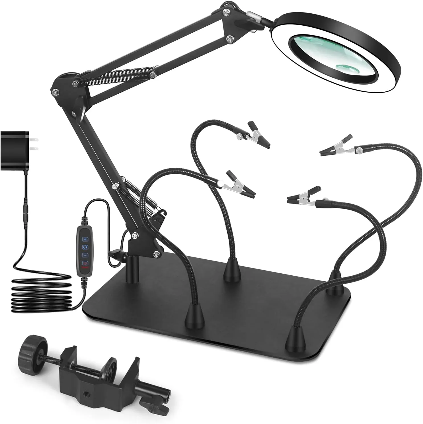 Magnifying Glass with Light and Stand, EOOKU Flexible Magnetic Helping Hand, 5X&10X 12V 108pcs LED Beads Magnifying Lamp, 3 Modes Adjustable Swivel Gooseneck Arms & Heavy Duty Base Plate