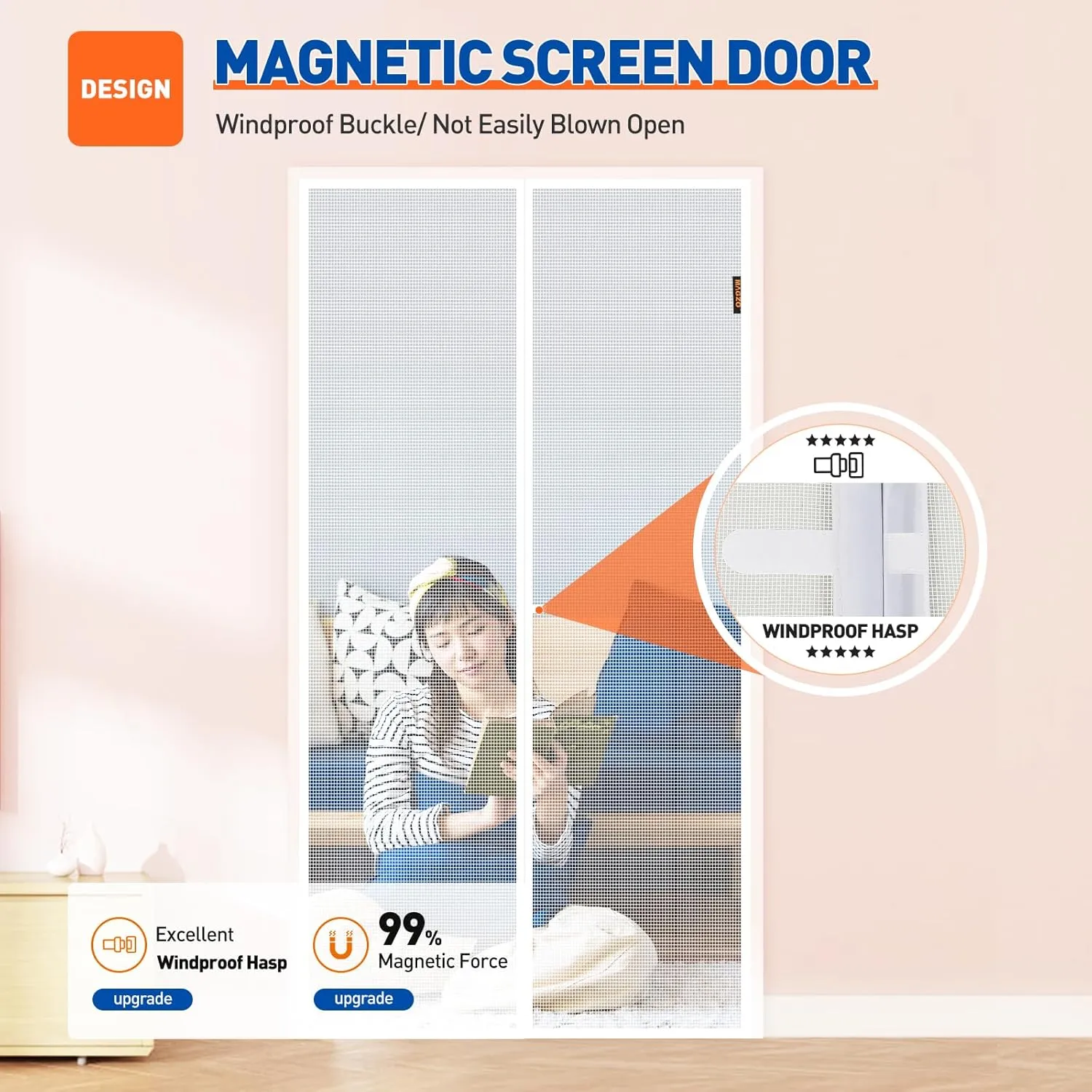 MAGZO Magnetic Screen Door Fit Door Size 30 x 80 Inch, Screen Size 32" x 81" Strong Magnet Door Mesh with Reinforced Hook & Loop for Patio, Sliding, French, White