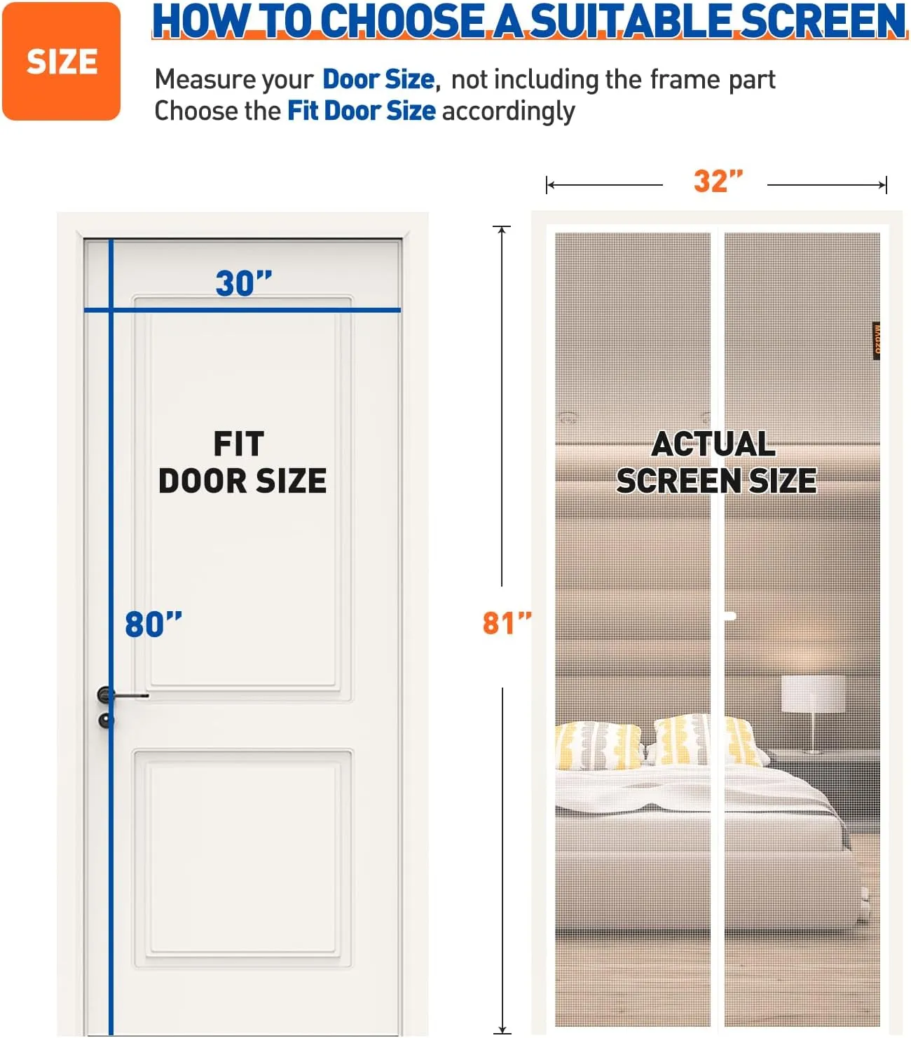 MAGZO Magnetic Screen Door Fit Door Size 30 x 80 Inch, Screen Size 32" x 81" Strong Magnet Door Mesh with Reinforced Hook & Loop for Patio, Sliding, French, White