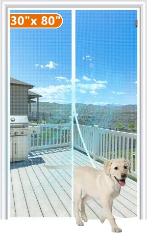 MAGZO Magnetic Screen Door Fit Door Size 30 x 80 Inch, Screen Size 32" x 81" Strong Magnet Door Mesh with Reinforced Hook & Loop for Patio, Sliding, French, White