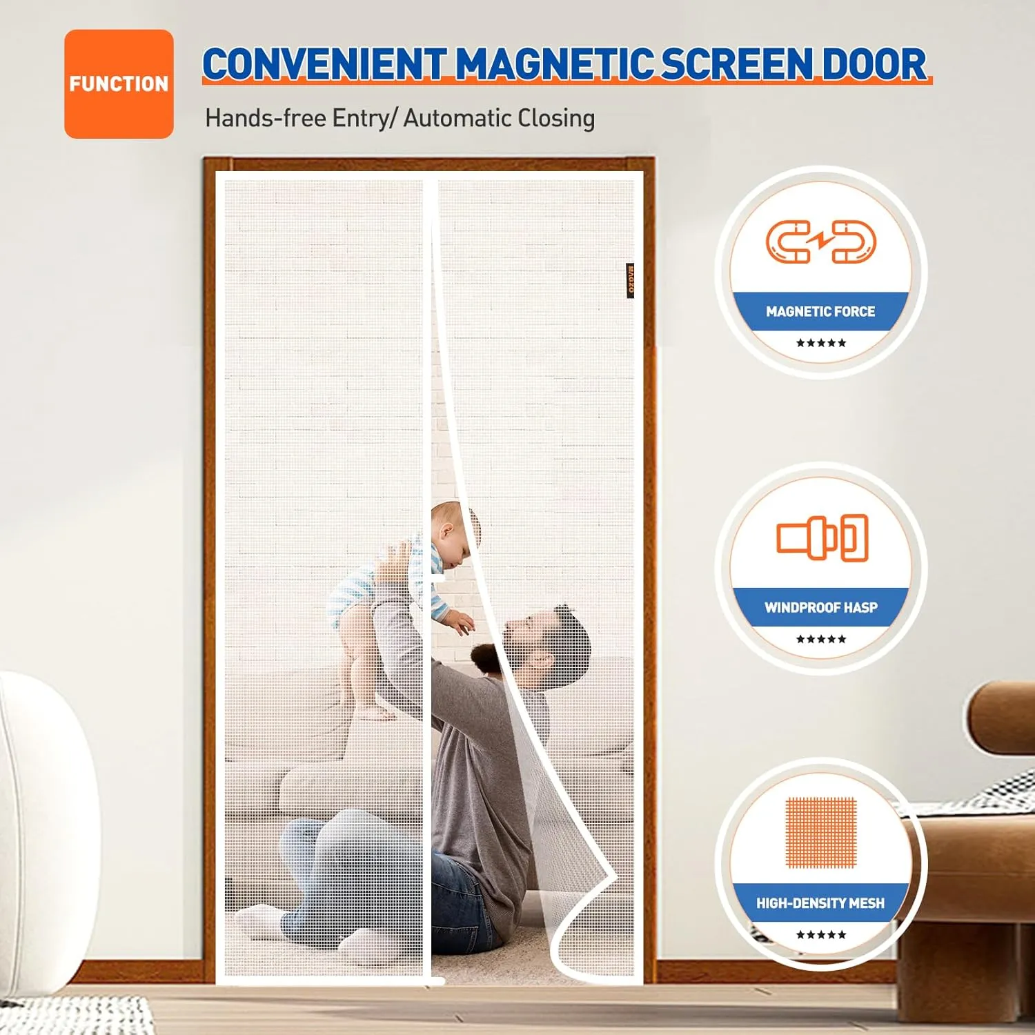 MAGZO Magnetic Screen Door Fit Door Size 30 x 80 Inch, Screen Size 32" x 81" Strong Magnet Door Mesh with Reinforced Hook & Loop for Patio, Sliding, French, White