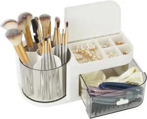 Makeup Organizer with Rotating Brush Holder, White Jewelry Storage Desk Accessories, Perfume Display Case Cosmetic Box for Vanity Bathroom Bedroom Dresser Countertop