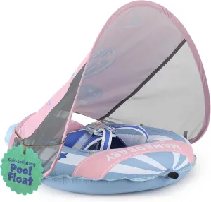 MAMBOBABYFLOAT Light Traveler 2025 — Safe, Comfortable, Adjustable Baby Pool Float with Canopy — Sun Protection, Self-Inflating, 5-Way Buckle System (Hot Air Balloon, Blue)