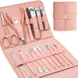 Manicure Set Professional Nail Clippers Pedicure Kit, 16 pcs Stainless Steel Nail Care Tools Grooming Kit with Luxurious Travel Leather Case for Thick Nails Men Women Gift (Pink)