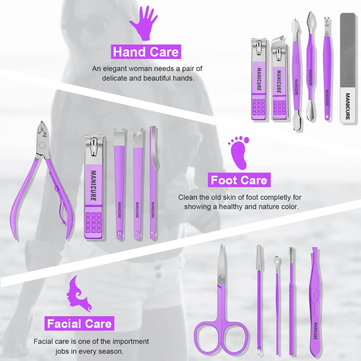 Manicure Set Professional Nail Clippers Pedicure Kit, 16 pcs Stainless Steel Nail Care Tools Grooming Kit with Luxurious Travel Leather Case for Thick Nails Men Women Gift (Violet)