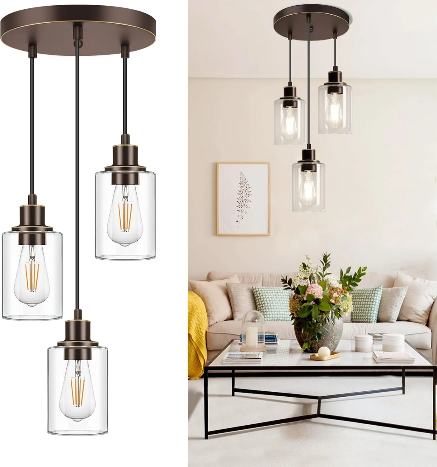 MAXvolador Industrial 3-Light Pendant Light, Adjustable Hanging Light Fixture with Clear Glass Shade, Pendant Lighting E26 Base Ceiling Lamp, Oil-Rubbed Bronze