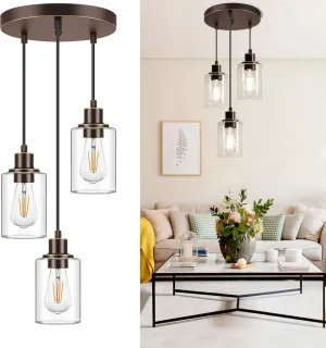 MAXvolador Industrial 3-Light Pendant Light, Adjustable Hanging Light Fixture with Clear Glass Shade, Pendant Lighting E26 Base Ceiling Lamp, Oil-Rubbed Bronze