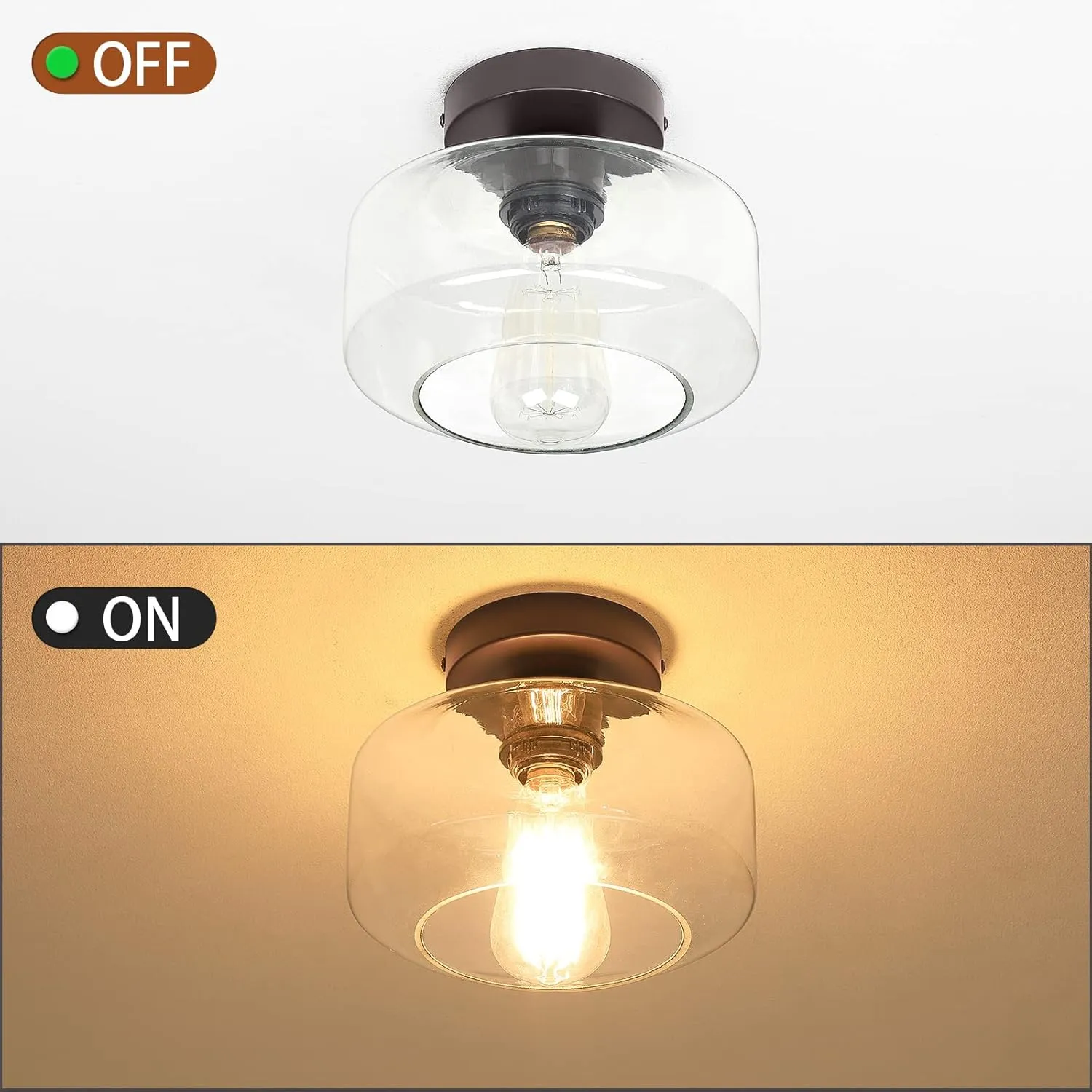 MAXvolador Industrial Semi Flush Mount Ceiling Light Brown, Clear Glass Pendant Lamp Shade, Farmhouse Lighting for Hallway, Hanging Light Fixture
