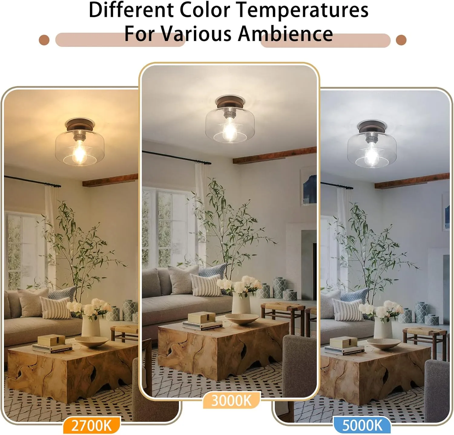 MAXvolador Industrial Semi Flush Mount Ceiling Light Brown, Clear Glass Pendant Lamp Shade, Farmhouse Lighting for Hallway, Hanging Light Fixture