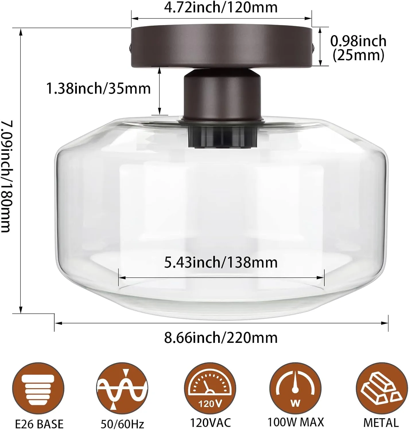 MAXvolador Industrial Semi Flush Mount Ceiling Light Brown, Clear Glass Pendant Lamp Shade, Farmhouse Lighting for Hallway, Hanging Light Fixture