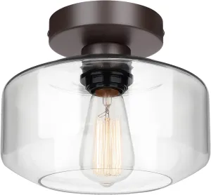 MAXvolador Industrial Semi Flush Mount Ceiling Light Brown, Clear Glass Pendant Lamp Shade, Farmhouse Lighting for Hallway, Hanging Light Fixture