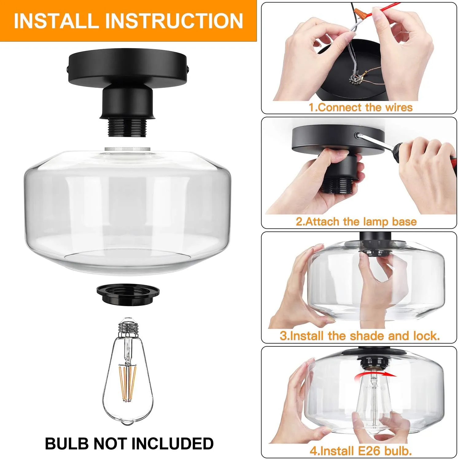 MAXvolador Industrial Semi Flush Mount Ceiling Light, Clear Glass Pendant Lamp Shade, Farmhouse Lighting for Hallway, Vintage Hanging Light Fixtures