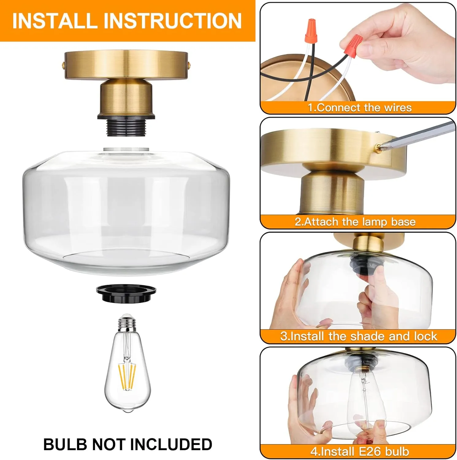 MAXvolador Industrial Semi Flush Mount Ceiling Light Gold, Clear Glass Pendant Lamp Shade, Farmhouse Lighting Hallway, Vintage Hanging Light Fixture