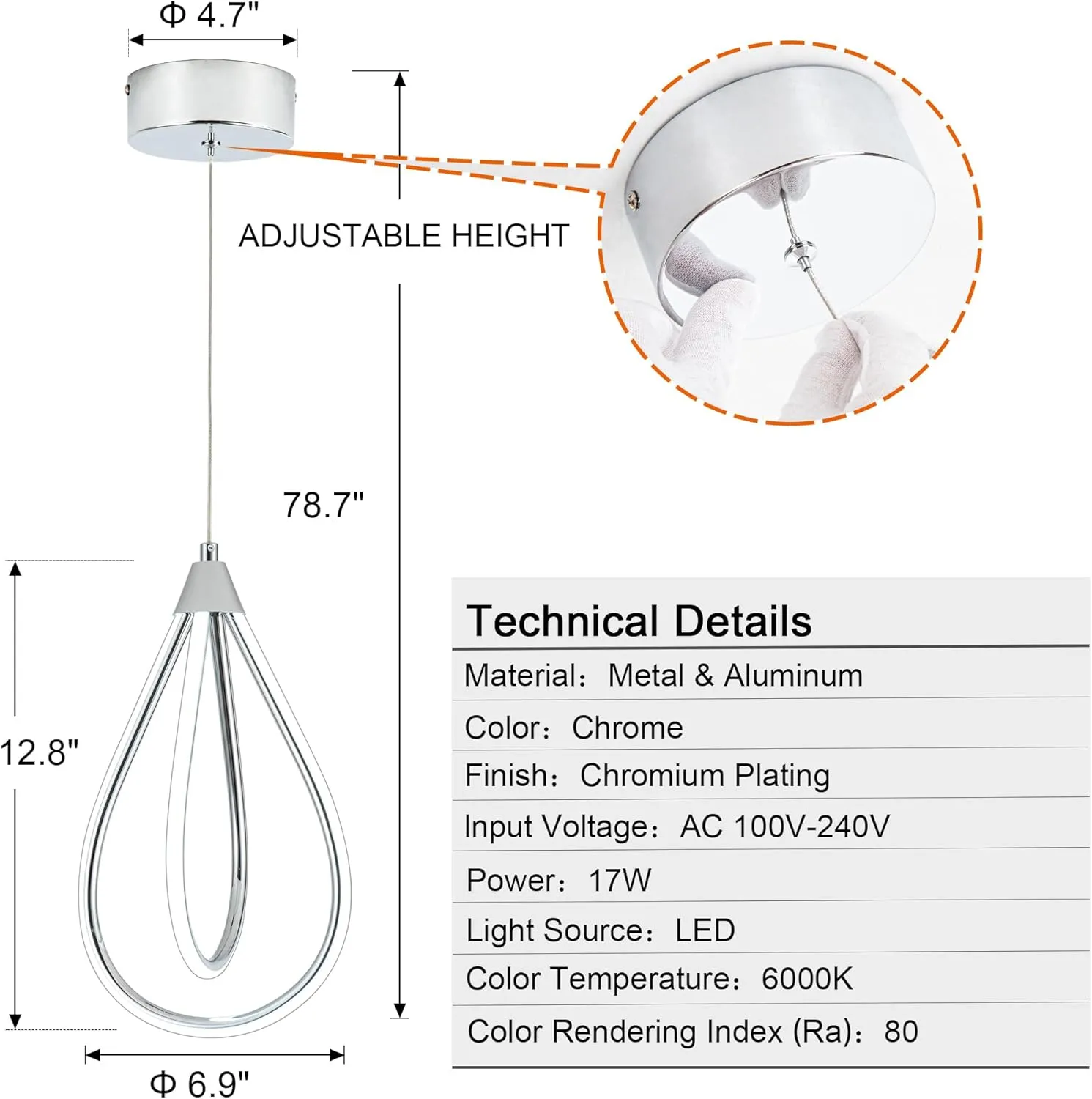 MAYNA Modern LED Pendant Light Fixture, Chrome Mini Kitchen Island Light, 17W Adjustable Height Pendant Light for Kitchen Dining Room Bedroom Kitchen Island Cafe, 1 Pack