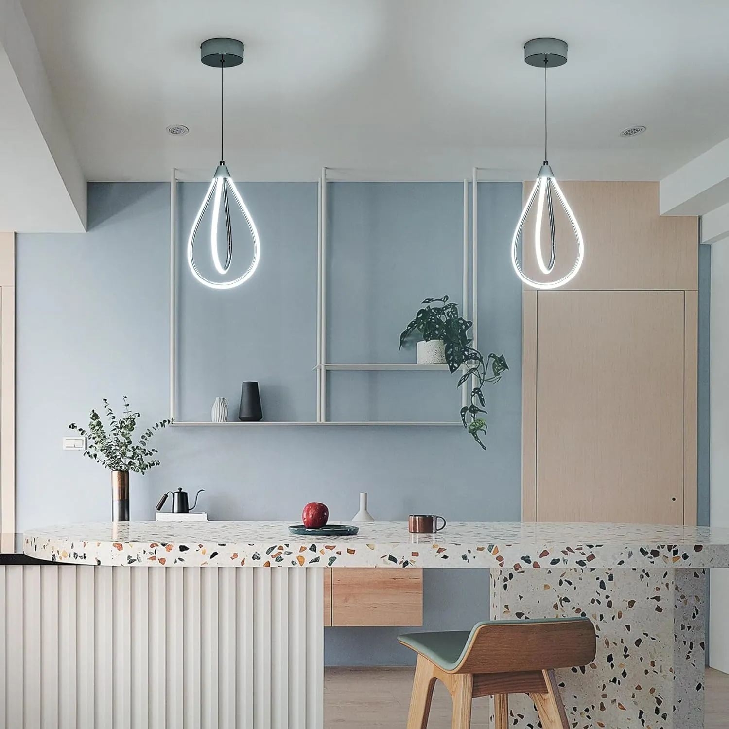 MAYNA Modern LED Pendant Light Fixture, Chrome Mini Kitchen Island Light, 17W Adjustable Height Pendant Light for Kitchen Dining Room Bedroom Kitchen Island Cafe, 1 Pack