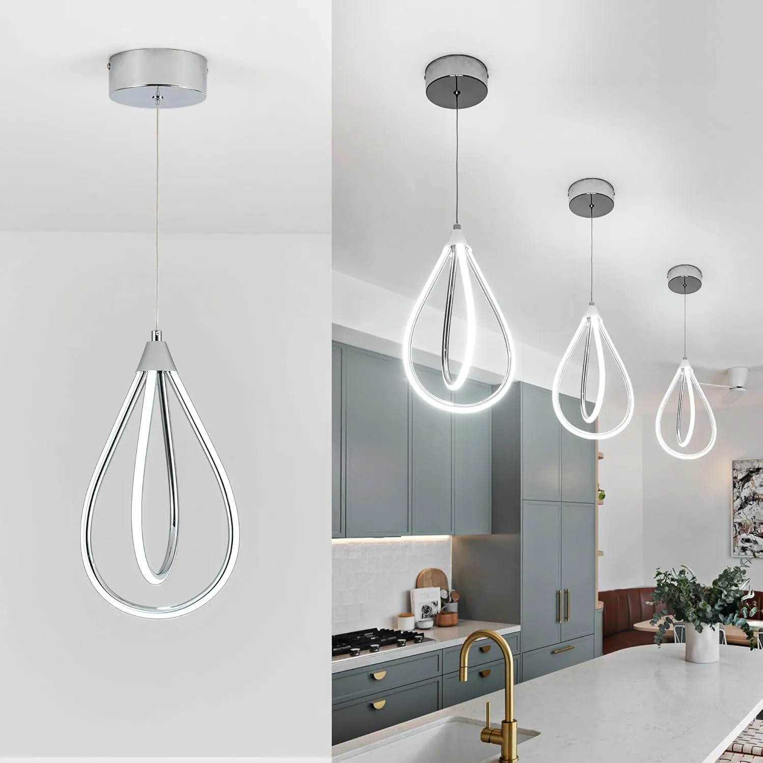 MAYNA Modern LED Pendant Light Fixture, Chrome Mini Kitchen Island Light, 17W Adjustable Height Pendant Light for Kitchen Dining Room Bedroom Kitchen Island Cafe, 1 Pack