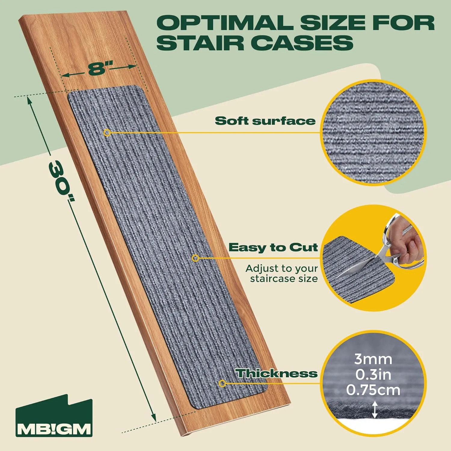 MBIGM 8" X 30" (15 in Pack) Non-Slip Carpet Stair Treads Non-Skid Safety Rug Slip Resistant Indoor Runner for Kids Elders & Pets with Reusable Adhesive - Light Gray - Carpet Pads for Stairs