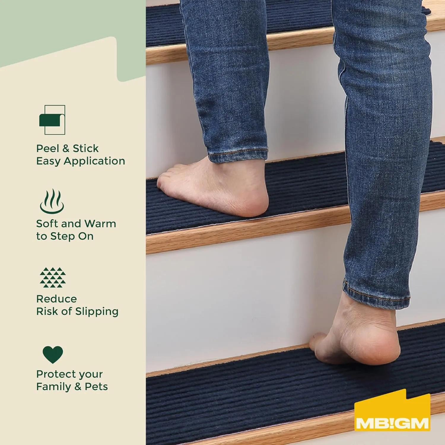 MBIGM 8" X 30" (15 in Pack) Non-Slip Carpet Stair Treads Non-Skid Safety Rug Slip Resistant Indoor Runner for Kids Elders & Pets with Reusable Adhesive - Navy - Carpet Pads for Stairs