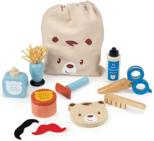 Mentari Toys - Barber Set - 12pc Wooden Pretend Play Grooming Kit for Kids - Includes Bag, Shaving Cream, Scissors, Comb and Moustaches - Encourages Imaginative Play and Fine Motor Skills - Age 3 