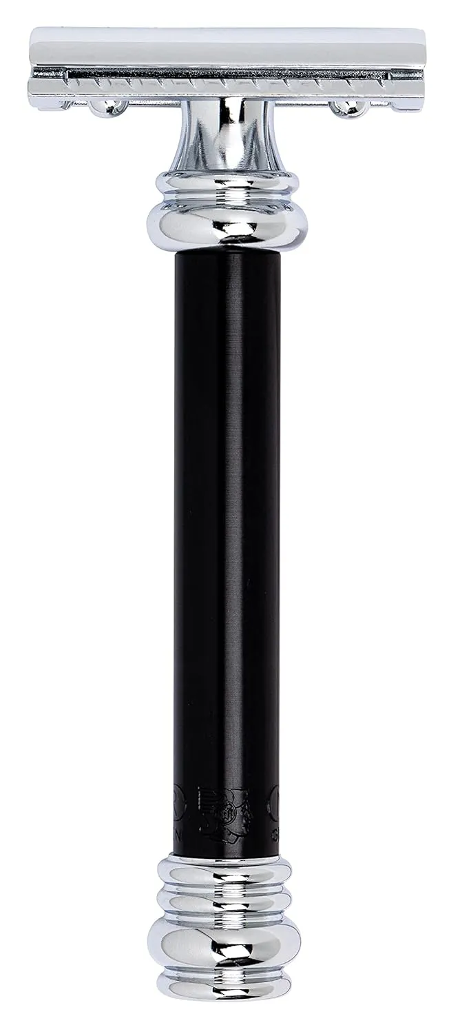 MERKUR 38B Double Edge Safety Razor - Black Handle | Extra Large Barber Pole Grip Brass Handle | Made in Germany | Plastic-Free | Two Piece Design | Closed Comb | Straight Bar