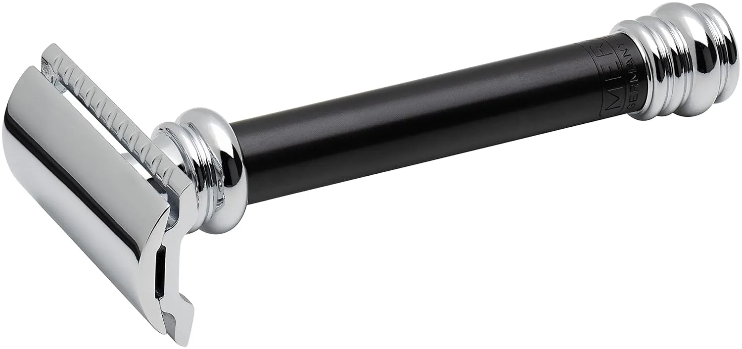 MERKUR 38B Double Edge Safety Razor - Black Handle | Extra Large Barber Pole Grip Brass Handle | Made in Germany | Plastic-Free | Two Piece Design | Closed Comb | Straight Bar