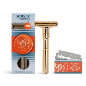 MERKUR FUTUR 702 Adjustable Double Edge Safety Razor - Bright Gold, Adjustable Razor With Dial, Made in Germany, Plastic-Free, Snap-On Cap Design, Straight Bar